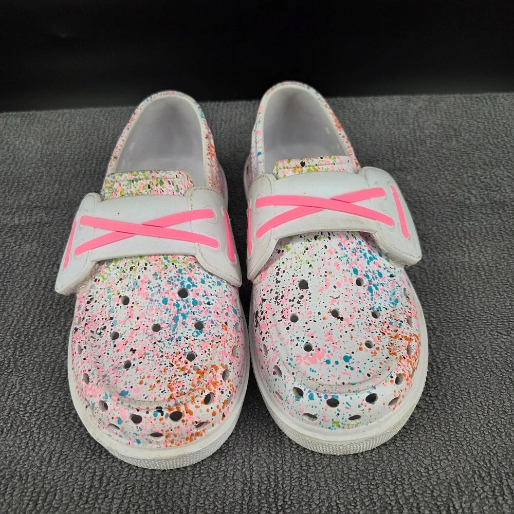 Sperry Float Girls White Multi Paint Splatter Boat Shoes SCL166614 Size 11M